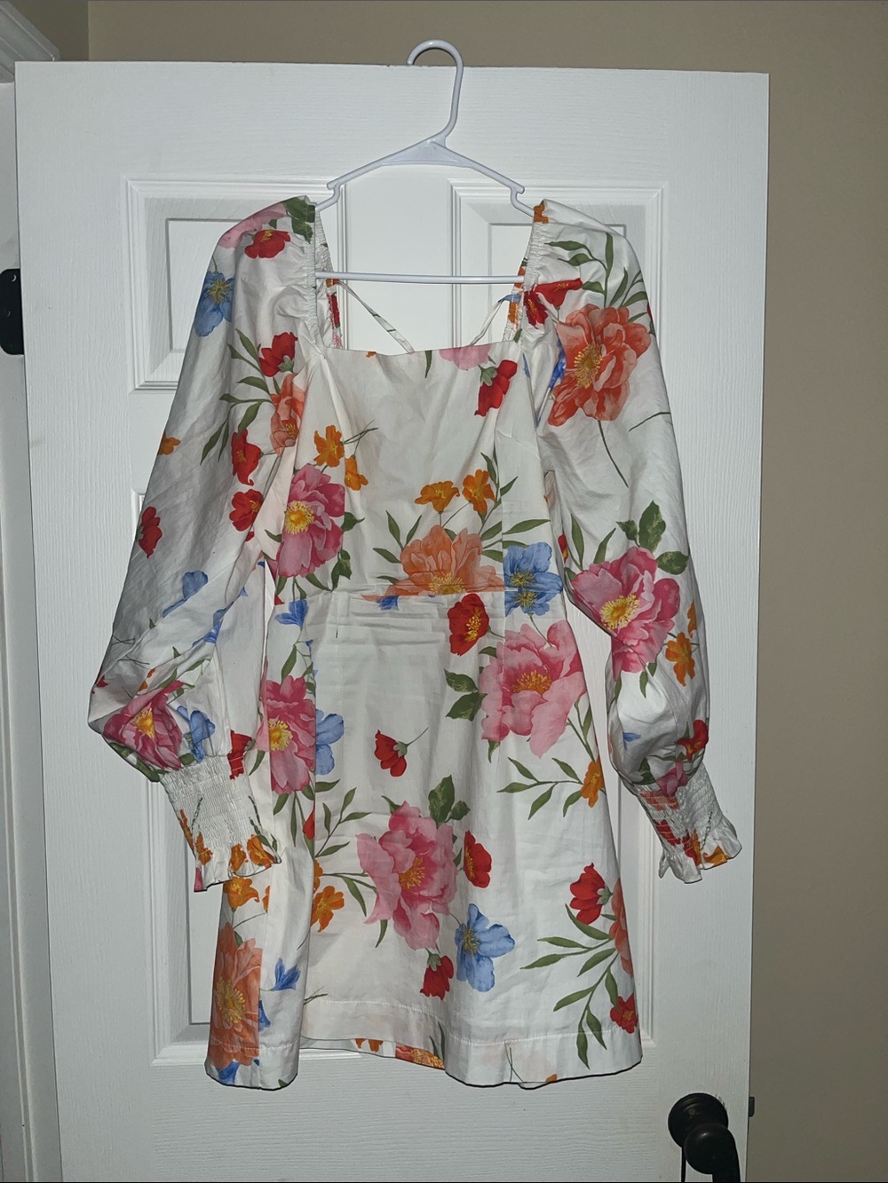 VICI Floral Puff Sleeve Mini Dress - White with Pink, Red & Blue Flowers